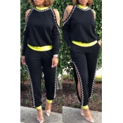 Lovely Street Patchwork Black Two-piece Pants Set