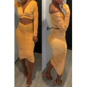 Lovely Chic Ruffle Design Yellow Two-piece Skirt S