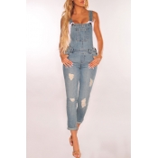 Lovely Casual Broken Holes Baby Blue One-piece Jum