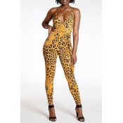Lovely Casual Leopard Printed Yellow One-piece Jum