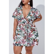 Lovely Casual Floral Printed White Plus Size Mini 