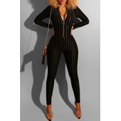 Lovely Casual Zipper Striped Black One-piece Jumps