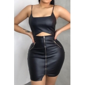 Lovely Trendy Spaghetti Straps Zipper Design Black