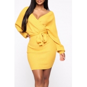 Lovely Trendy Deep V Neck Yellow Mini Dress