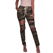 Lovely Casual Hollow-out Camouflage Printed Jeans