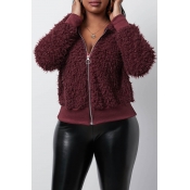Lovely Casual Zipper Design Wine Red Coat