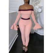 Lovely Trendy Dew Shoulder Flounce Pink One-piece 