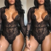Lovely Sexy Deep V Neck Black Teddies