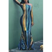 Lovely Casual Striped Blue Floor Length Trumpet Me