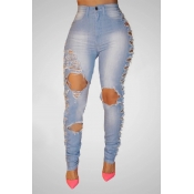 Lovely Casual Broken Holes Baby Blue Jeans