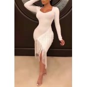 Lovely Casual Tassel Design White Mid Calf Dress