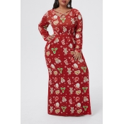 Lovely Casual V Neck Printed Red Floor Plus Size D