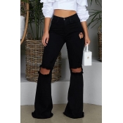 Lovely Casual Mid Waist Broken Holes Black Pants