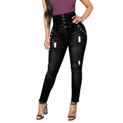 Lovely Casual Buttons Design Black Jeans