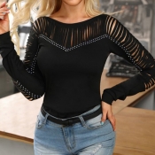 Lovely Casual Hollow-out Black T-shirt