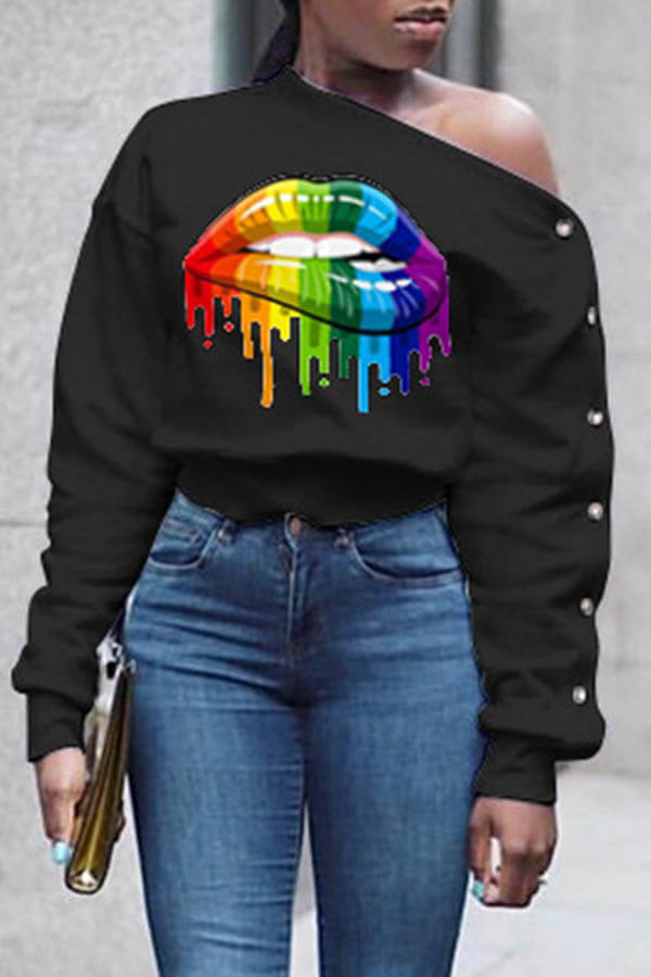 Lovely Casual Asymmetrical Neckline Lip Printed Black Sweatshirt Hoodie
