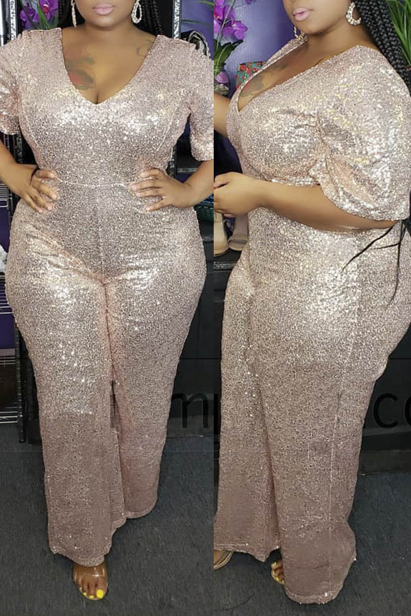 Lovely Bohemian V Neck Apricot Plus Size One-piece Jumpsuit