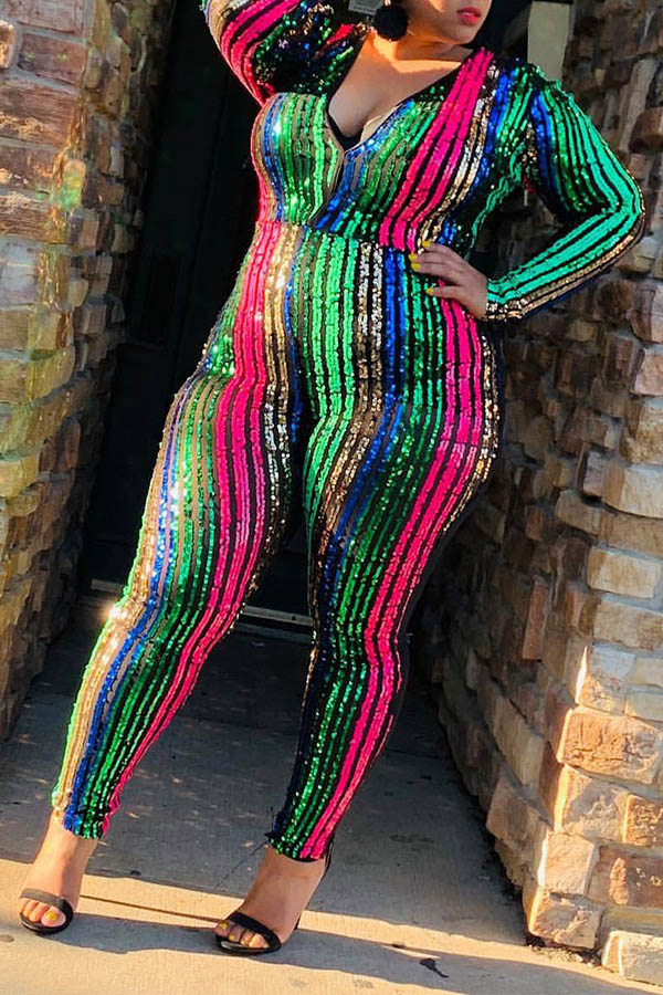 Lovely Trendy Deep V Neck Patchwork Multicolor Plus Size One-piece Jumpsuit