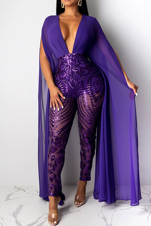 Lovely Chic Cloak Design Patchwork Purple One-piece Jumpsuit