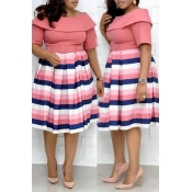 Lovely Casual Striped Pink Knee Length Plus Size D