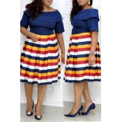 Lovely Casual Striped Dark Blue Knee Length Plus S