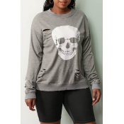 Lovely Casual Skull Printed Grey Sweatshirt