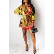 Lovely Casual Printed Gold Mini Shirt Dress(Withou