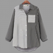 Lovely Casual Turndown Collar Striped Printed Blac