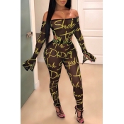 Lovely Casual Letter Printed Black One-piece Jumps