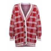Lovely Trendy Plaid Printed Red Cardigan