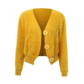 Lovely Trendy Buttons Design Yellow Cardigan