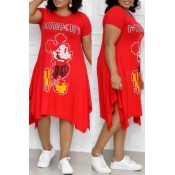 Lovely Leisure Printed Red Mid Calf Plus Size Dres