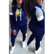 Lovely Casual Lip Printed Patchwork Blue Two-piece