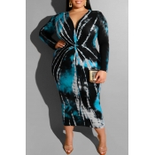 Lovely Casual Printed Blue Mid Calf Plus Size Dres