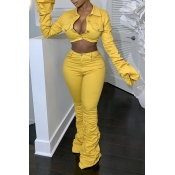LW Casual Ruffle Design Yellow Two-piece Pants Set