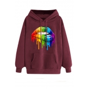 Lovely Casual Hooded Collar Lip Printed Wine Red H