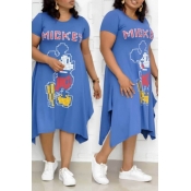 Lovely Casual Printed Baby Blue Mid Calf Plus Size