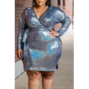 Lovely Casual V Neck Silver Plus Size Knee Length 
