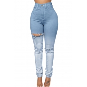 Lovely Casual Broken Holes Skinny Baby Blue Jeans
