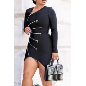 Lovely Casual V Neck Zipper Design Black Mini Dres