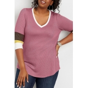 Lovely Casual V Neck Patchwork Pink Plus Size T-sh