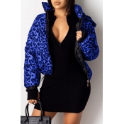 Lovely Winter Hooded Collar Printed Blue Coat