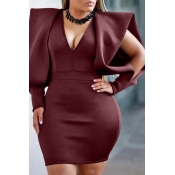Lovely Temperament V Neck Wine Red Mini Evening Dr