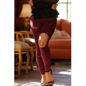 Lovely Casual Broken Holes Wine Red Pants