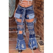 Lovely Casual Hollow-out Blue Jeans(Without Belt)