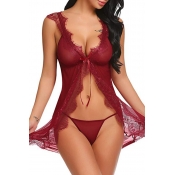 Lovely Sexy Lace Patchwork Wine Red Babydolls