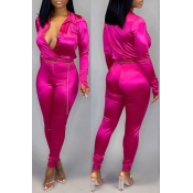 Lovely Trendy Deep V Neck Rose Red Two-piece Pants