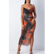 Lovely Casual Tie-dye Black Mid Calf Dress