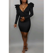 Lovely Sweet V Neck Flounce Black Mini Dress
