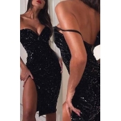 Lovely Sexy Backless Black Knee Length Prom Dress